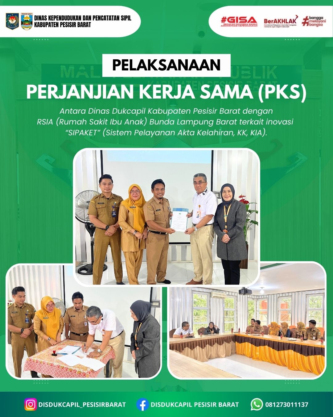 penandatangan perjanjian kerja sama (MoU) inovasi SIPAKET (Sistem Pelayanan Akta Kelahiran, KK, KIA) antara Disdukcapil Pesisir Barat dan RSIA BUNDA Liwa